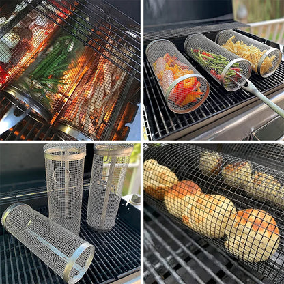 BBQ Basket Stainless Steel Rolling Grilling Basket Wire Mesh Cylinder Grill Basket Portable Round Outdoor Camping Barbecue Rack